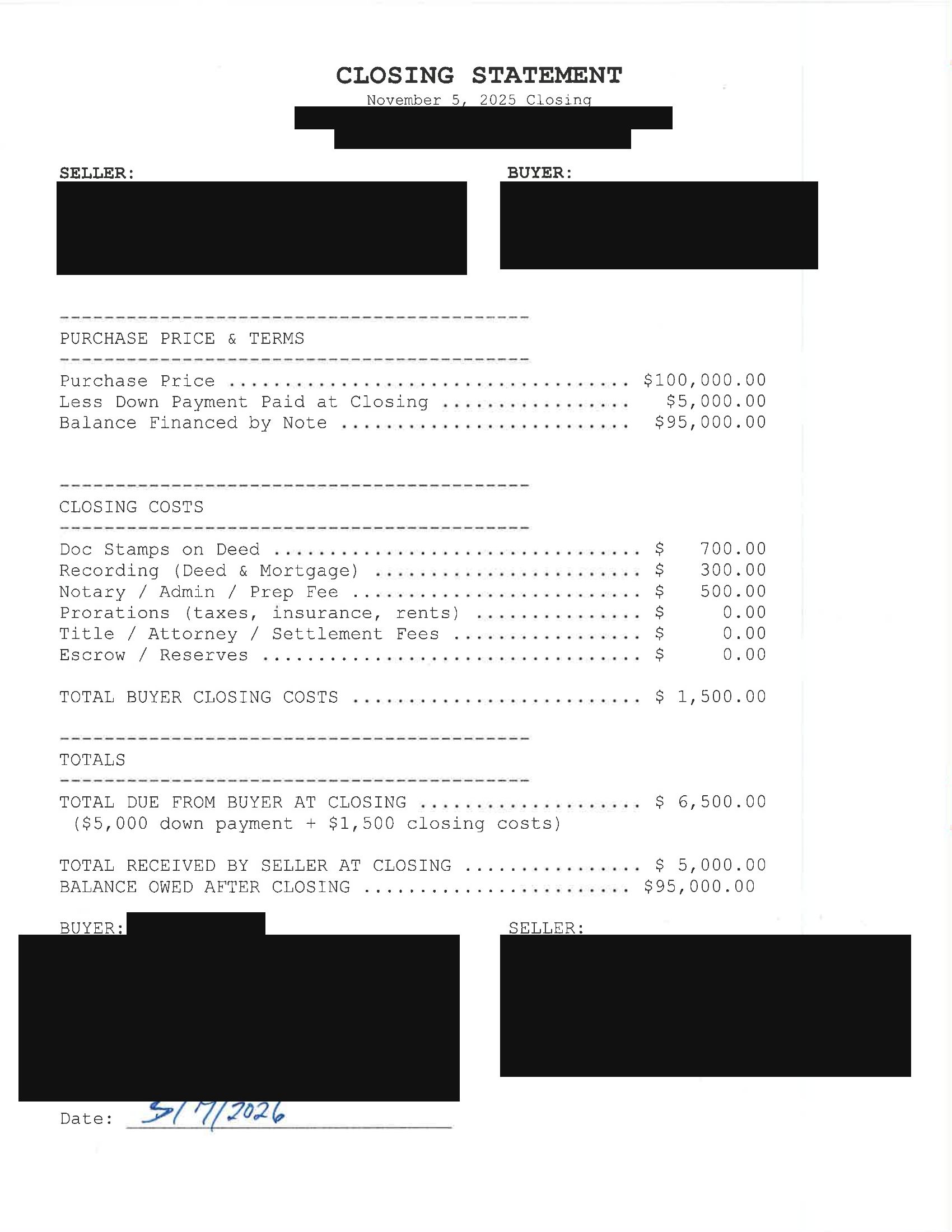 Redacted closing statement - seller-financed mobile home